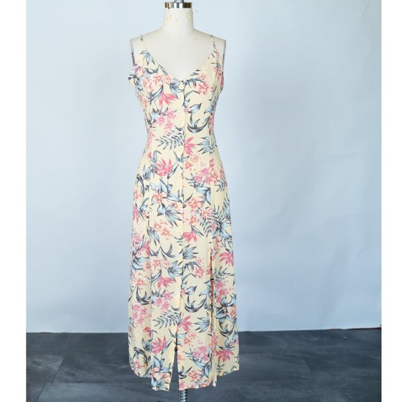 H&M Dresses Hm Floral Button Front Dress Yellow Midi Tropical Poshmark